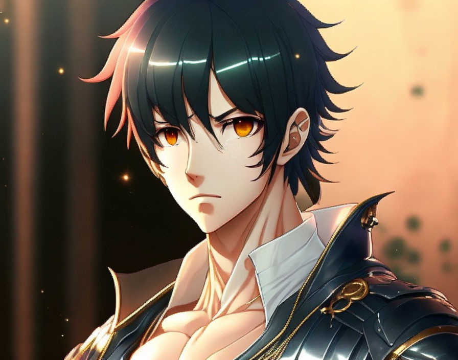 Character portrait: black hair, amber eyes, white shirt, black armor, orange backdrop