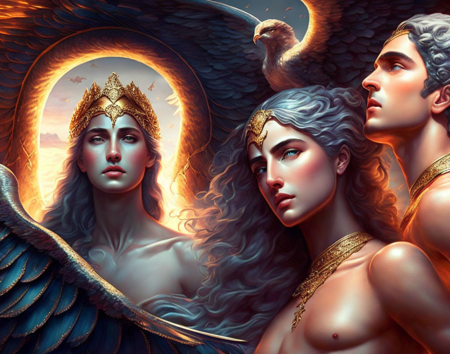 Fantastical image of male and female angelic beings with golden crowns and wings.