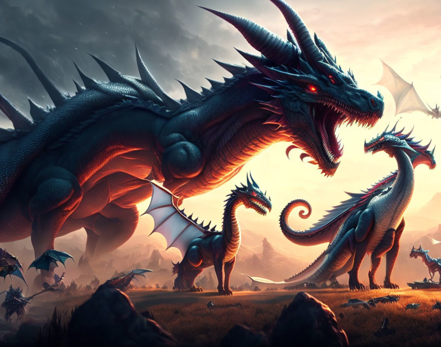 Three dragons in dramatic misty landscape with red-eyed, spiked crest.