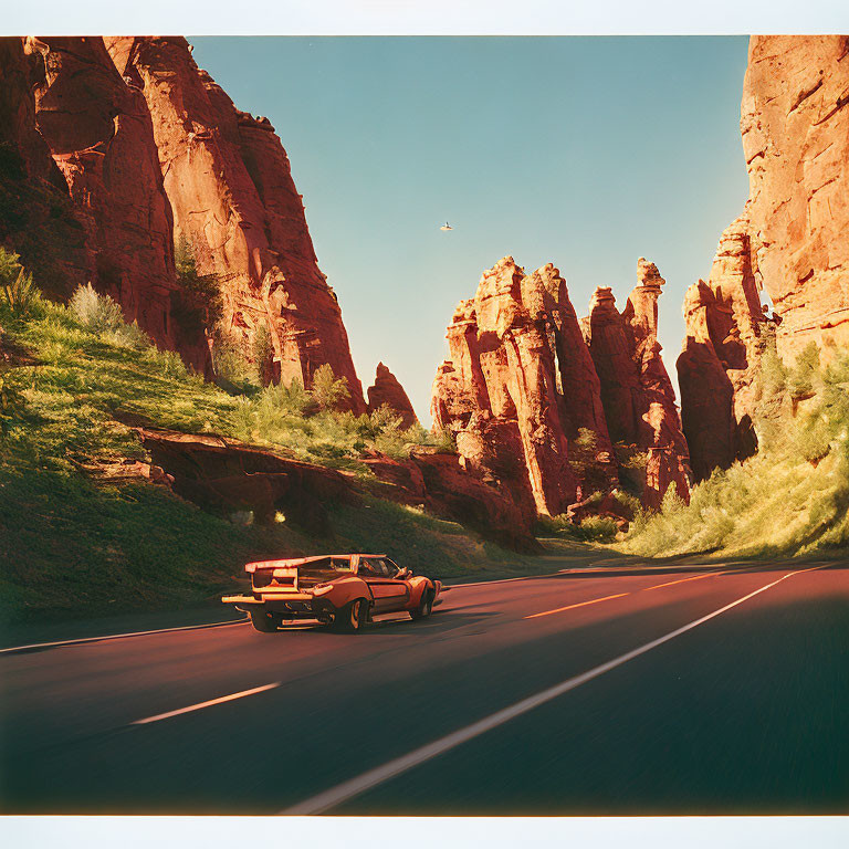 Vintage Car Driving Through Scenic Red Rock Canyon