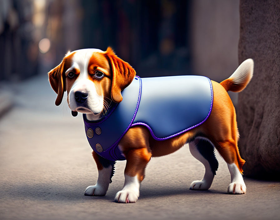 White and Brown Dog in Blue Vest on Street