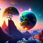 Alien landscape digital artwork with mountains, tree, waters, and colorful planet