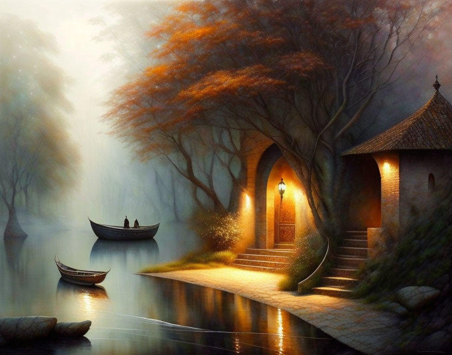 Misty river scene with boat, couple, stone staircase, archway, lantern, and autumn trees