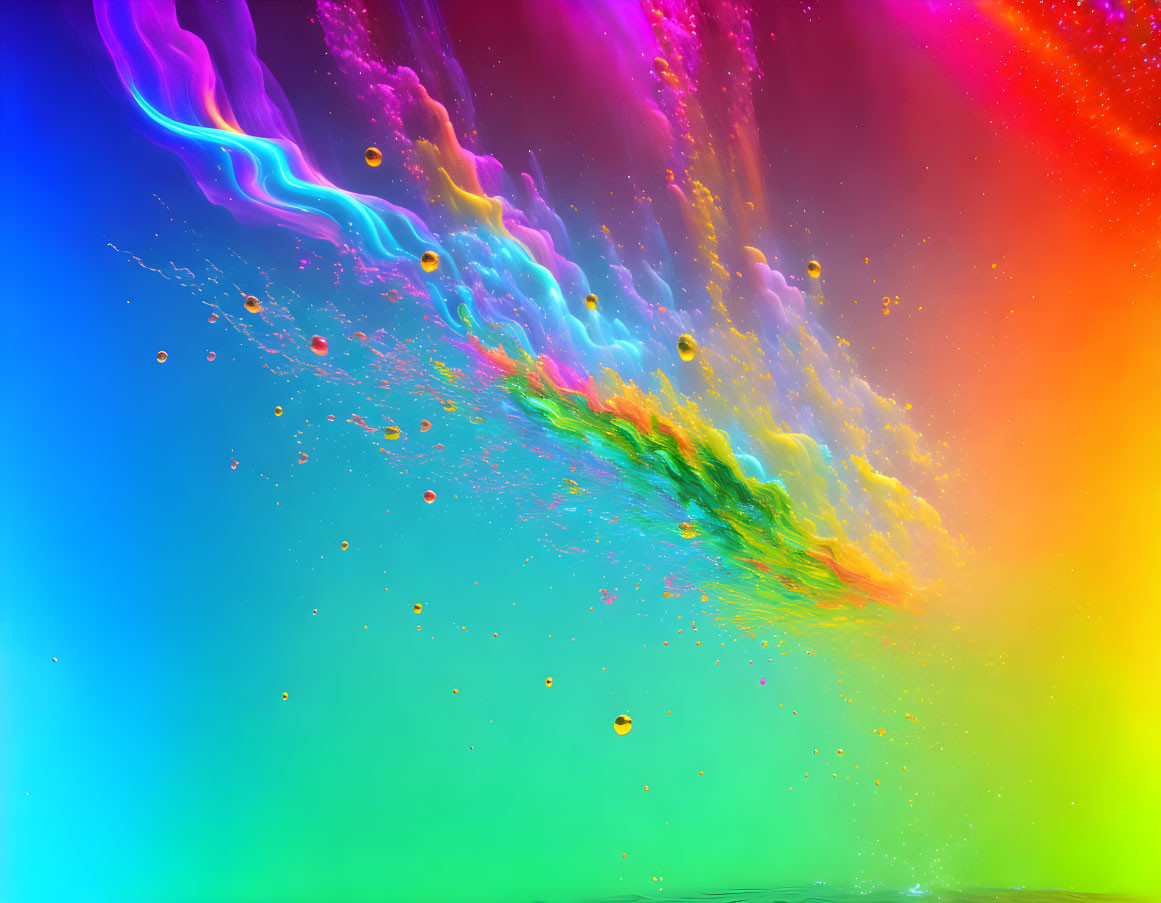 Colorful abstract art with rainbow spectrum and dynamic liquid-like splashes on blue backdrop