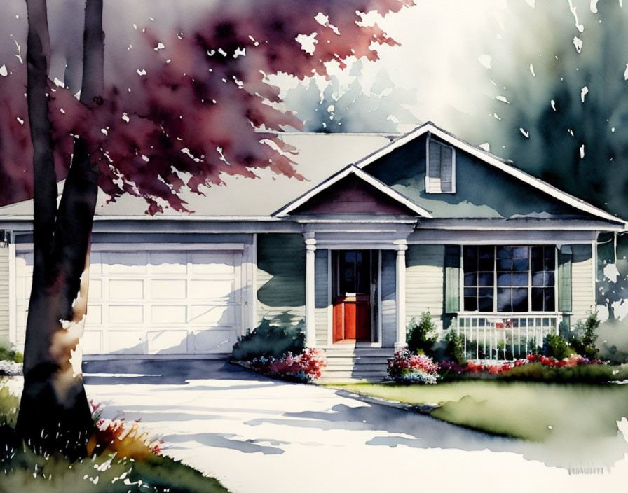 Quaint house with garage, trees, and pathway in watercolor