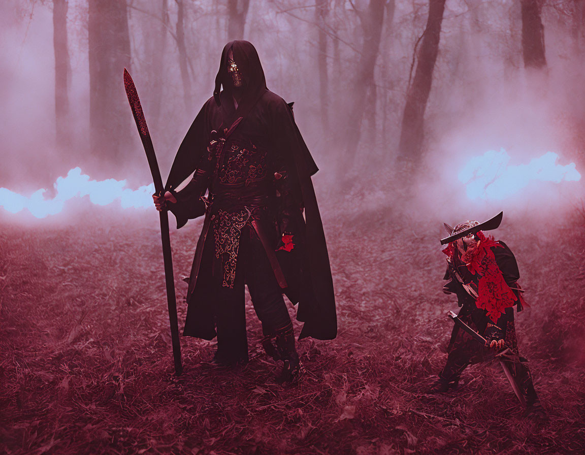 Samurai warriors in armor with weapons in misty forest with red leaves