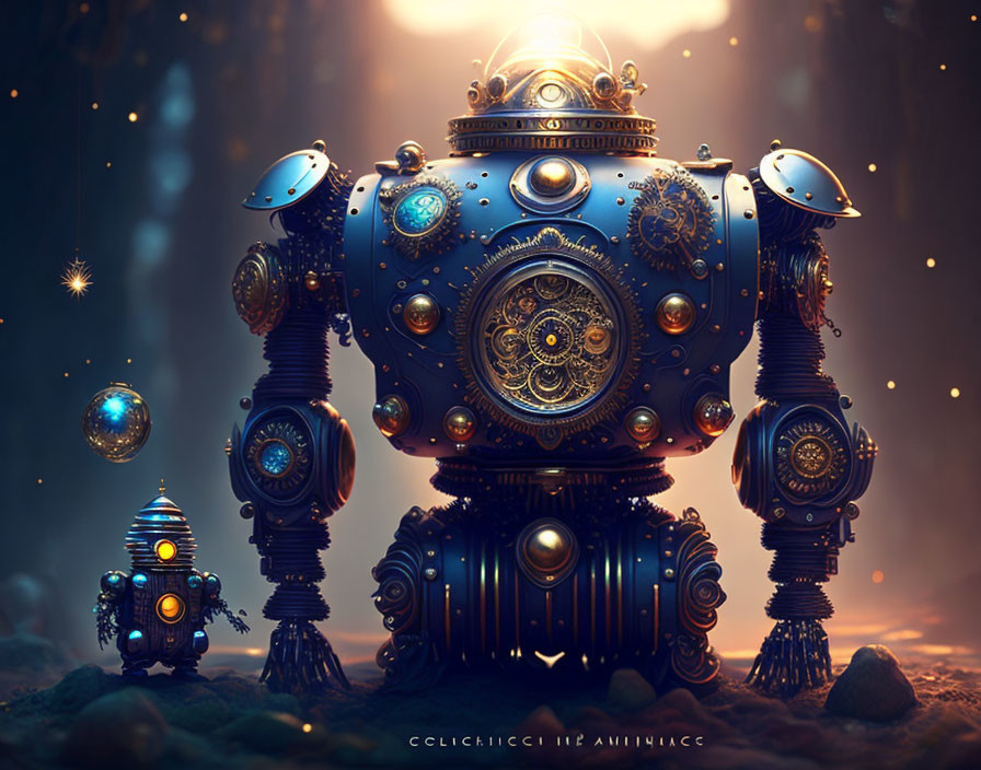 Intricate Steampunk-Style Robots in Mystical Starry Setting