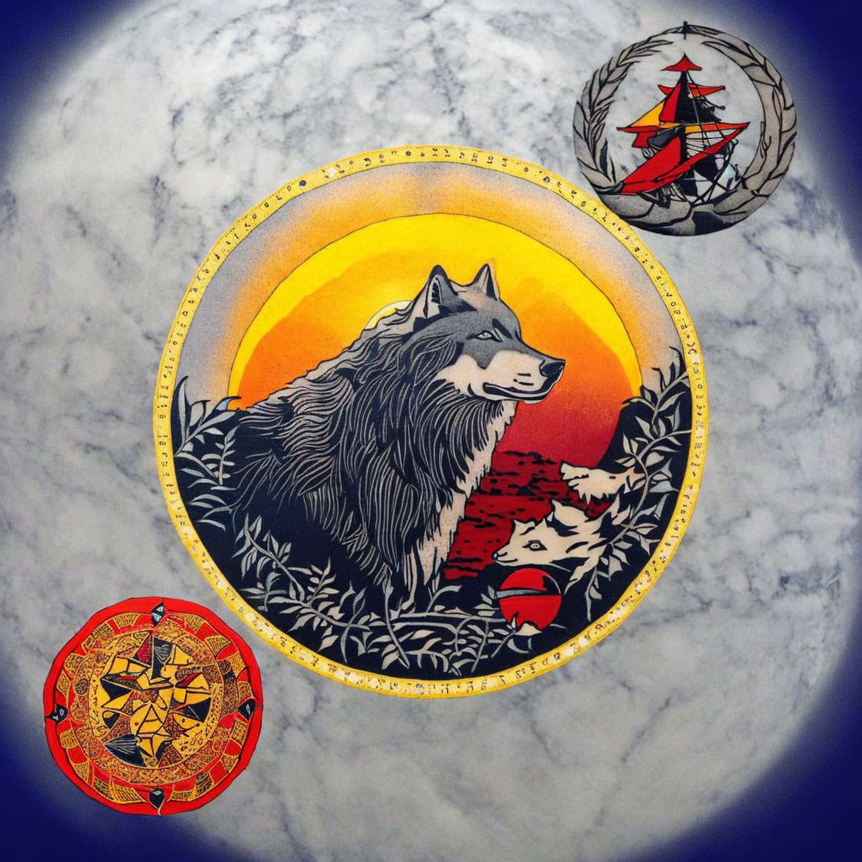 Circular emblem with wolf, forest, compass designs on marbled background