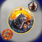 Circular emblem with wolf, forest, compass designs on marbled background