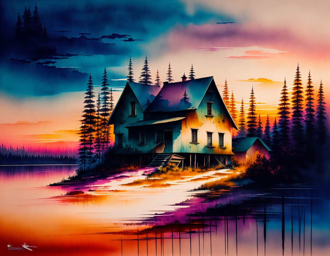 Colorful digital artwork: Lakeside house at sunset with purples, oranges, and blues.