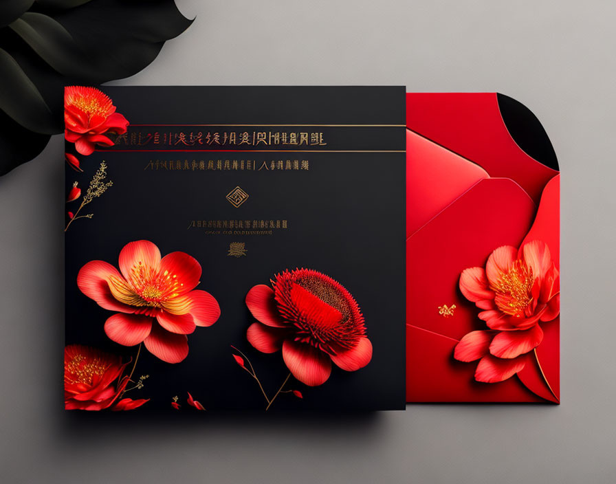 Black and Red Invitation Card with Gold Text and Intricate Designs