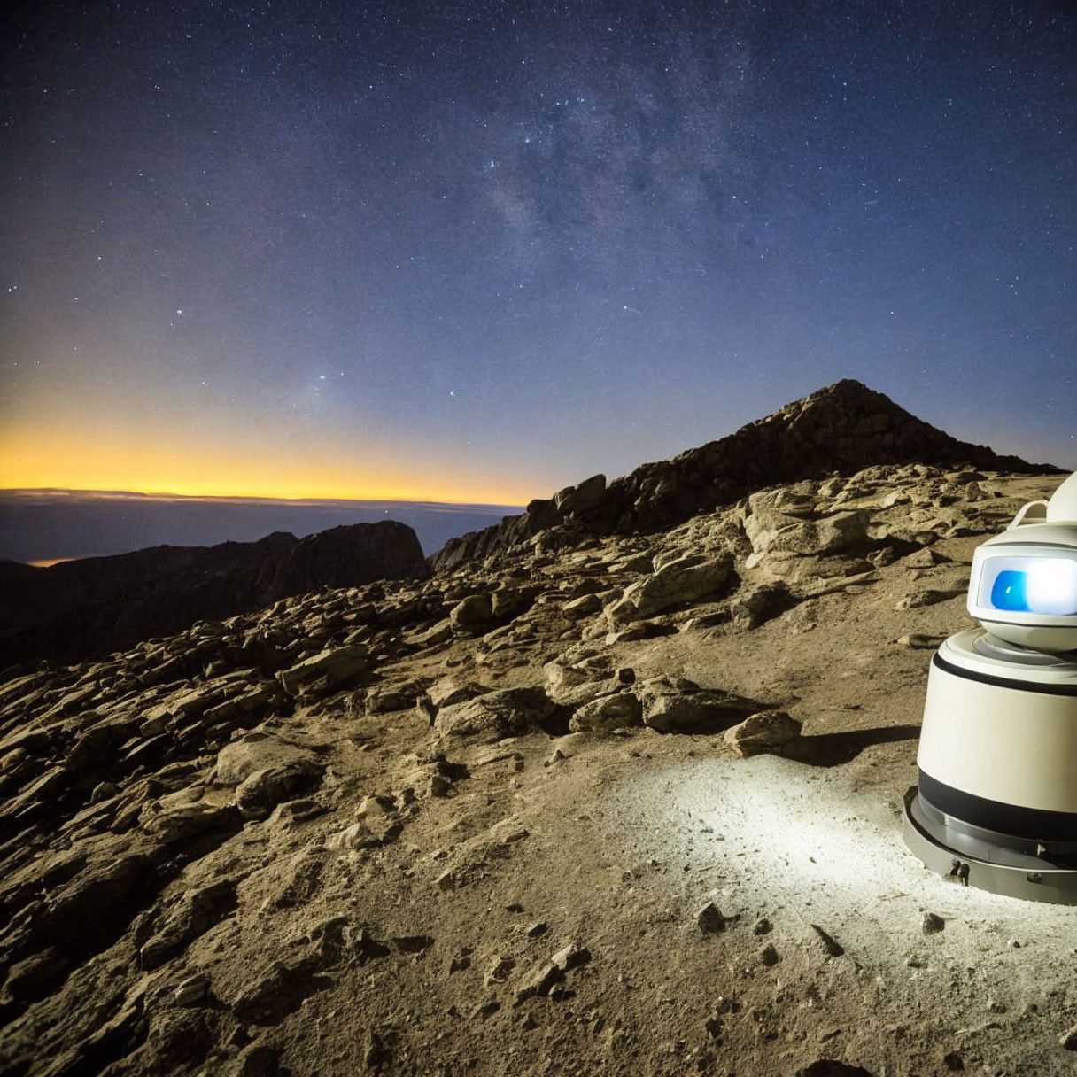 Robotic Device Illuminates Rocky Terrain at Twilight