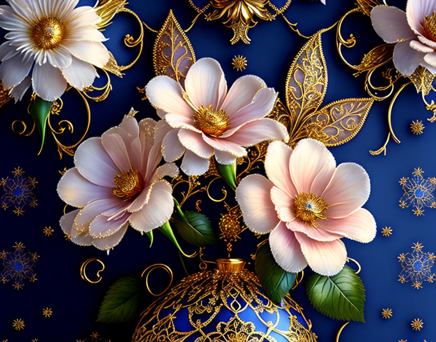 Gold-Adorned Vase with White and Pink Flowers on Blue Background