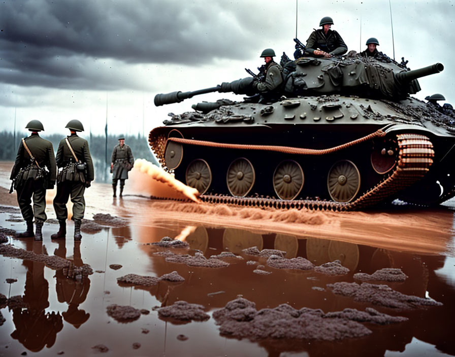 Military tank with soldiers crossing muddy terrain under cloudy sky