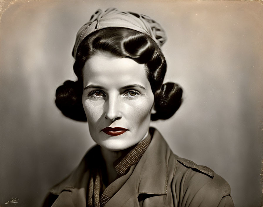 Vintage portrait of woman with styled hair and red lipstick in headscarf and collared outfit