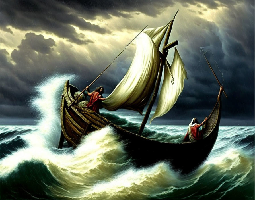 Stormy Ocean Scene: Two Sailors in Wooden Boat Amid Turbulent Waves