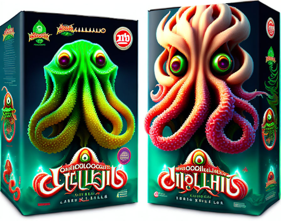 Fictional Cthulhu-themed cornflakes packaging with green octopus character