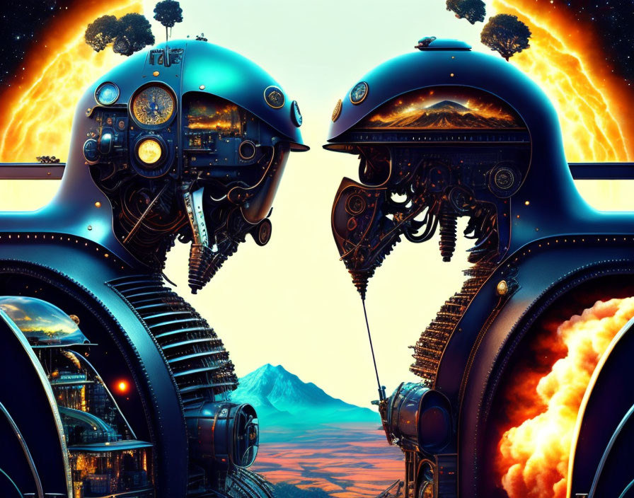 Intricate robotic heads with exposed gears against volcanic backdrop