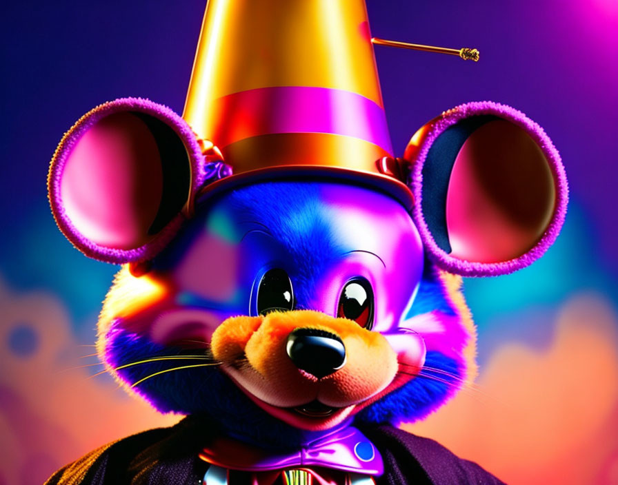 Colorful 3D-animated mouse in party hat on vibrant background