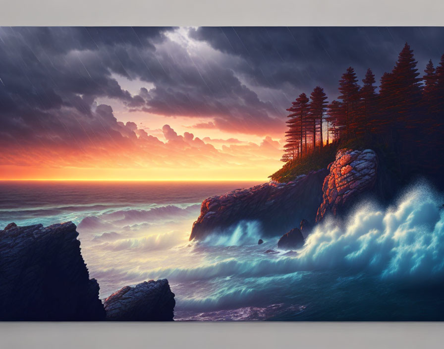 Fiery coastal sunset with rain, luminous waves, cliffs, pine trees