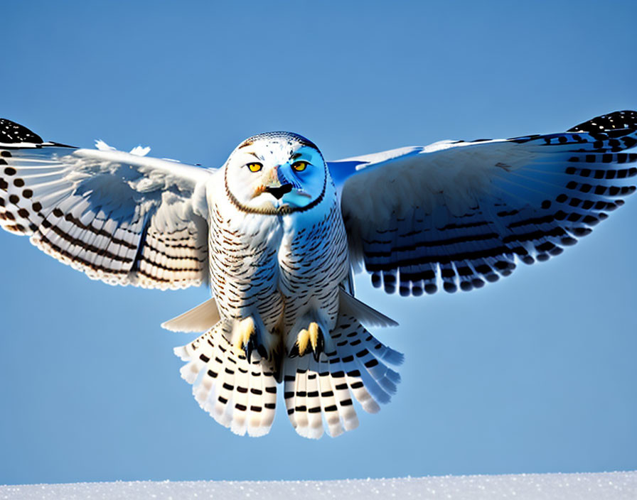 Snowy owl mid-flight with spread wings against blue sky