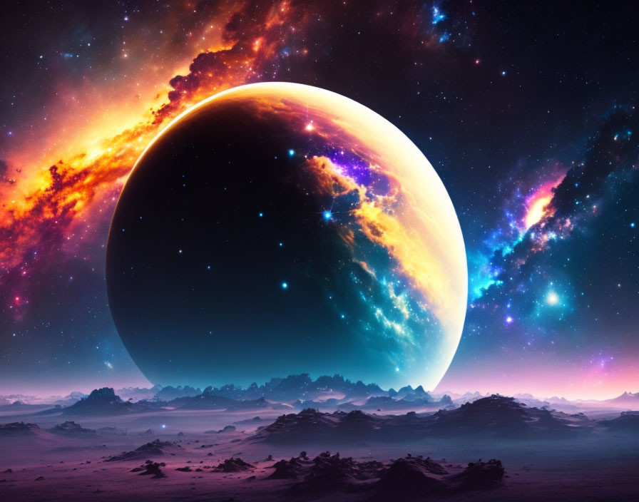 Colorful alien desert landscape with detailed planet and nebula in sky