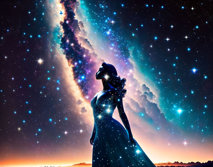 Silhouette of woman merging with starry night sky and cosmic nebula