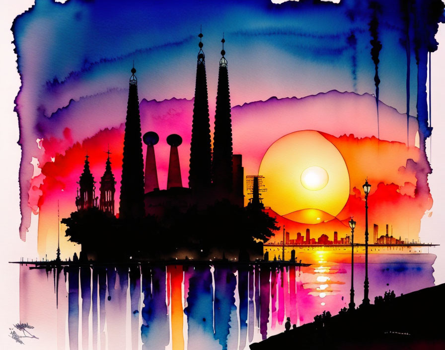 Colorful watercolor cityscape sunset with skyscrapers, sun, and water reflections