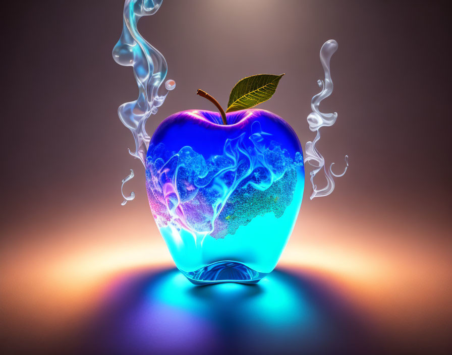 Blue Glowing Apple with Green Leaf on Purple Background