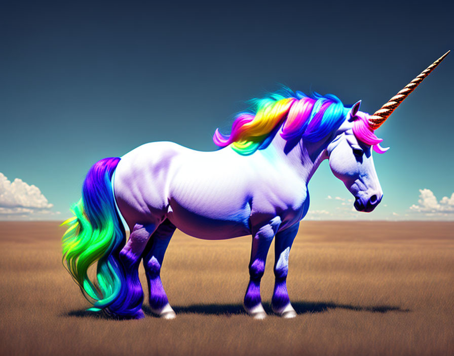 Colorful Unicorn with Rainbow Mane in Desert Landscape