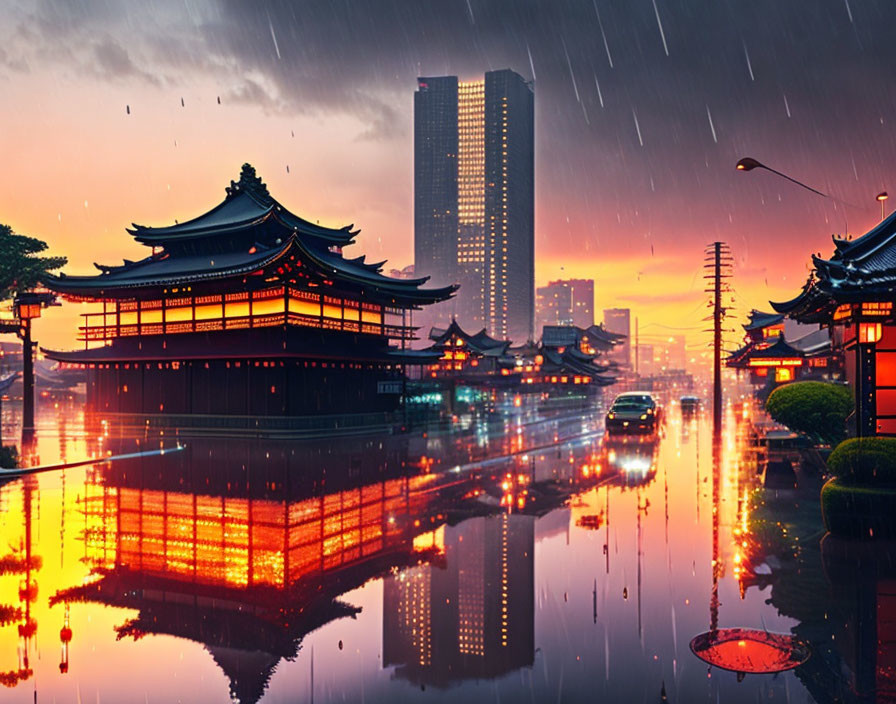 Asian architecture and modern skyscraper reflected in rainy twilight.