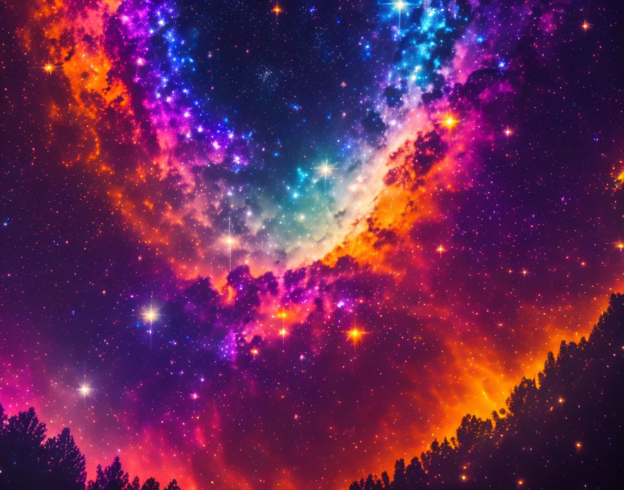 Colorful cosmic stars and nebula with silhouetted treetops under night sky