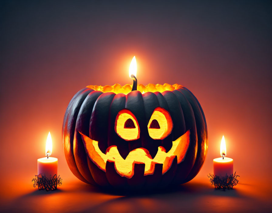 Carved pumpkin with lit candle and orange backdrop.