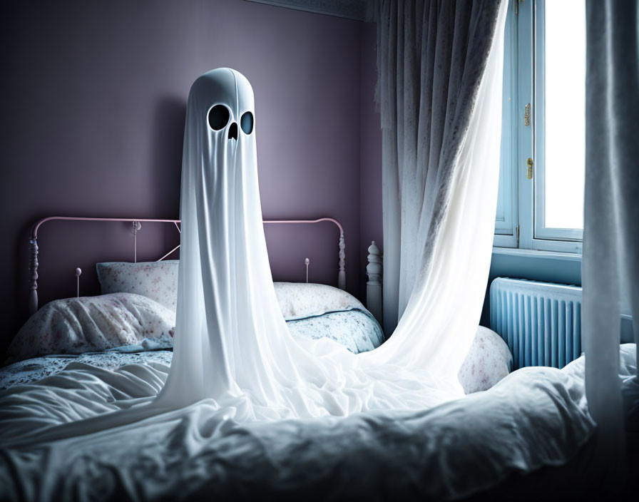 Ghostly figure with eye cutouts under white sheet in dimly lit bedroom