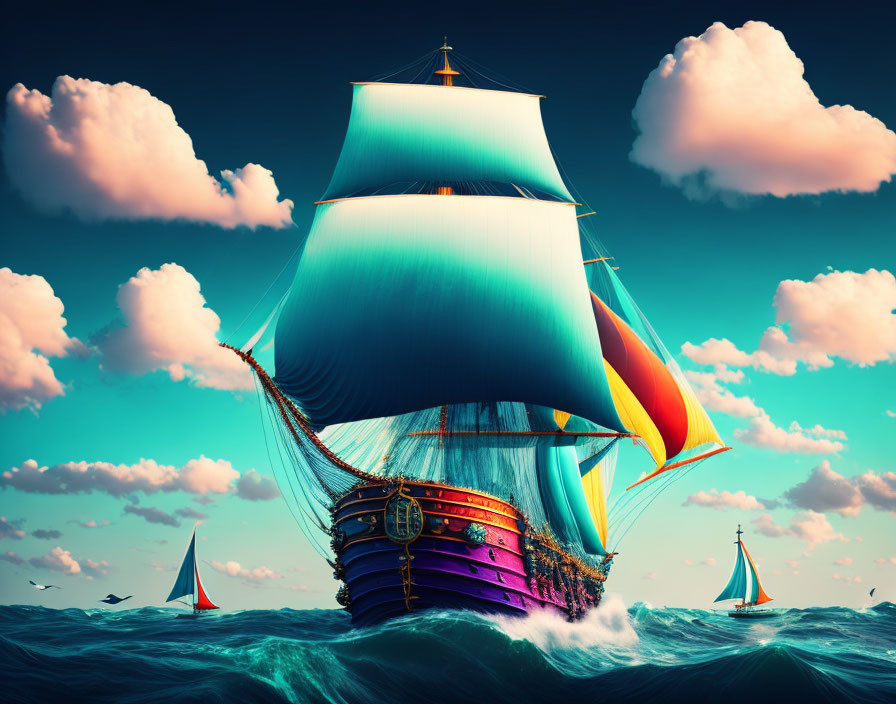 Colorful tall ship sailing in turquoise waters with smaller boats under fluffy clouds