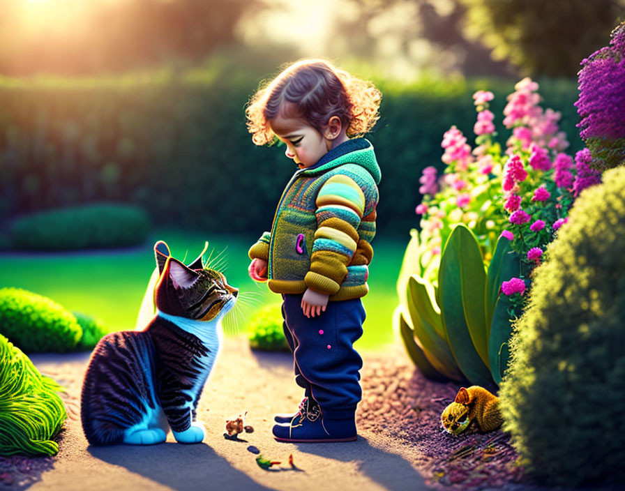 Colorful Sweater Toddler and Cat in Vibrant Garden with Sunlight