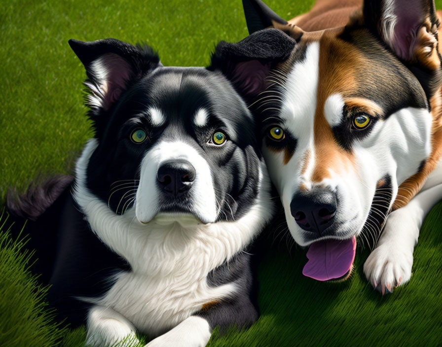 Realistic digital dog illustrations on green grass