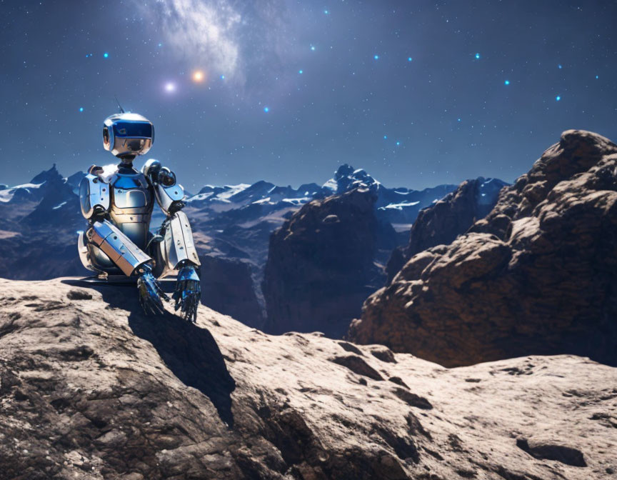 Sleek Blue and White Humanoid Robot on Rocky Terrain