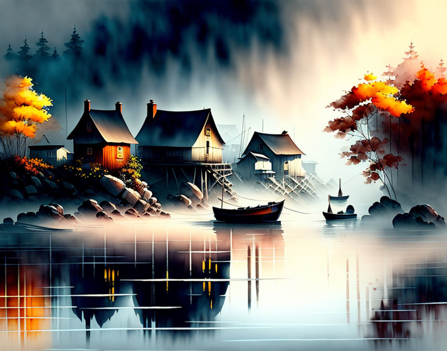 Scenic Lakeside Fall Landscape with Houses and Boat