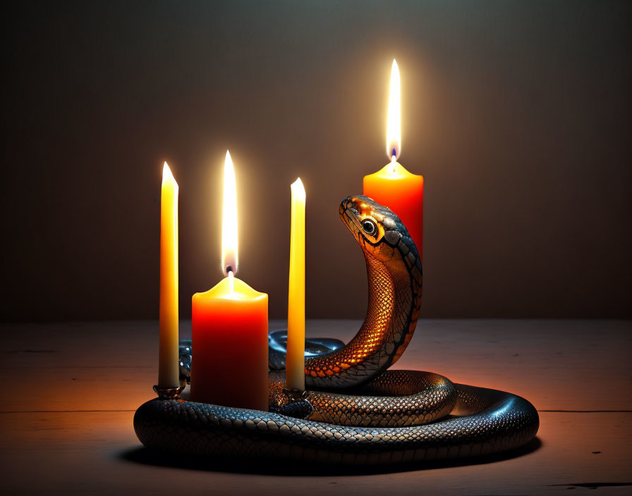 Snake coiled around three lit candles on dark background