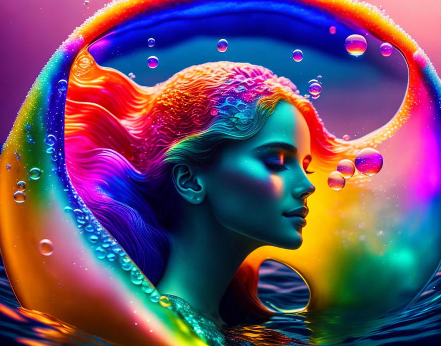 Colorful digital artwork: Woman's profile with flowing hair and bubbles, creating a psychedelic underwater theme