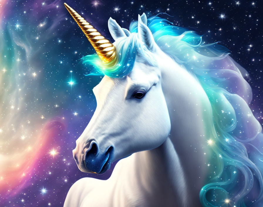 Majestic unicorn with shimmering horn in cosmic setting