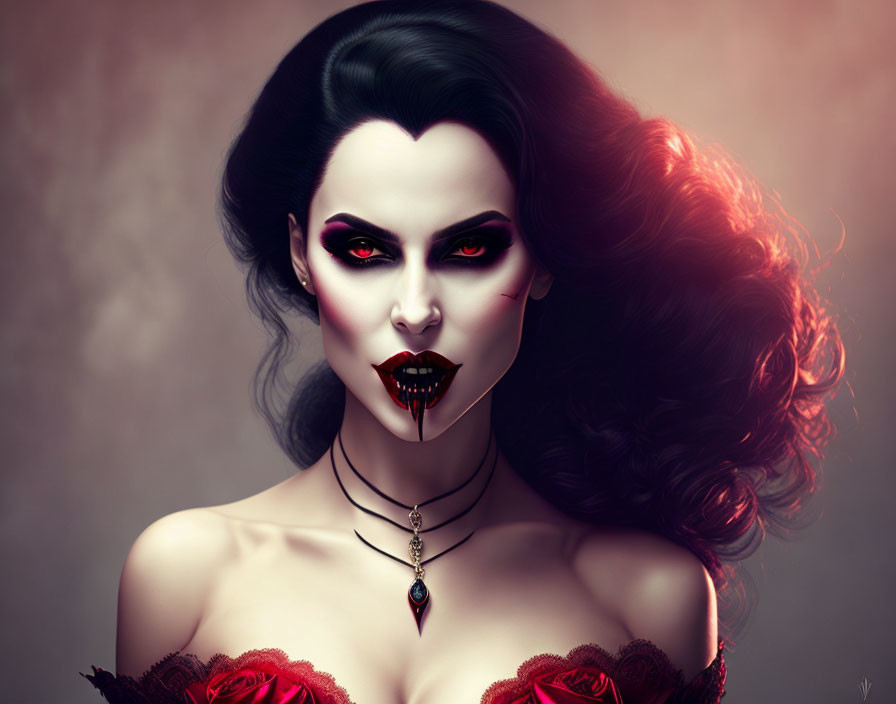 Gothic vampire woman digital artwork with fangs and red attire