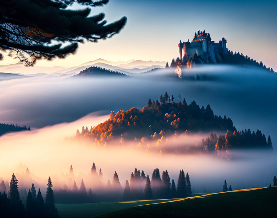 Castle on Hill Above Misty Landscape with Mountains