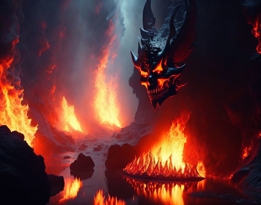 Black dragon with red eyes in fiery lava cavern.