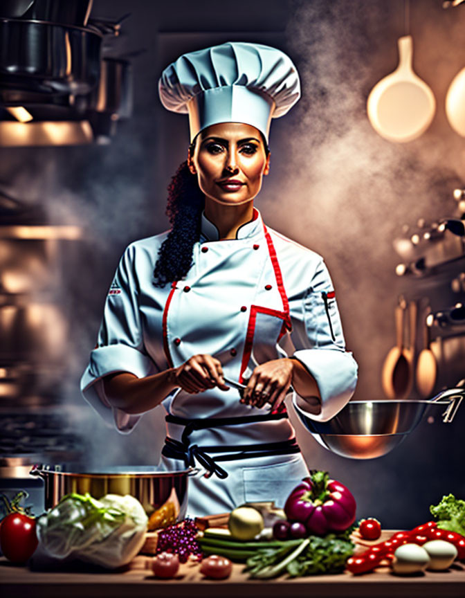 Professional chef in white uniform cooking with fresh vegetables in kitchen