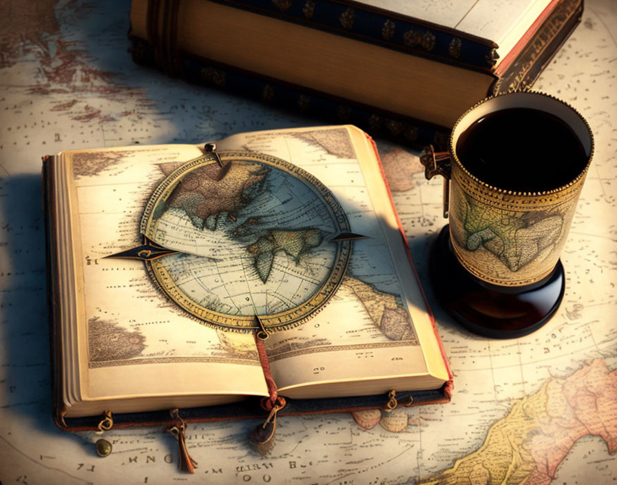 Vintage book with world map, brass compass, stack of books, and coffee cup on old map background