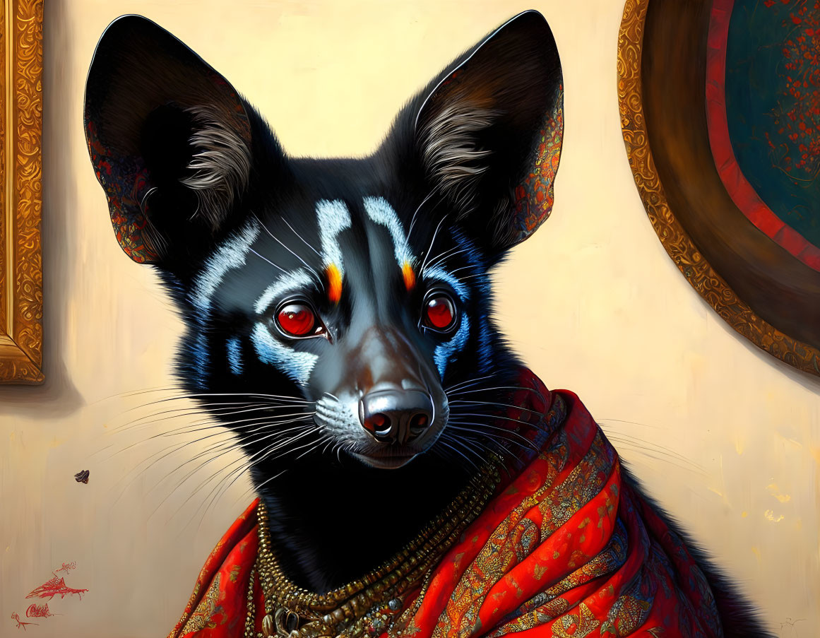 Detailed anthropomorphized animal painting with large ears and red eyes on creamy background