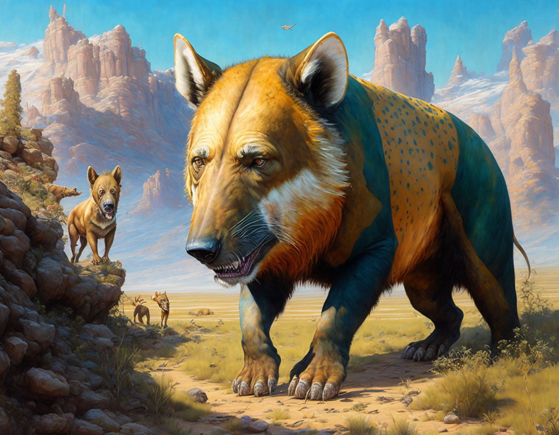 Fantastical bear-bodied creature with tiger face in desert landscape