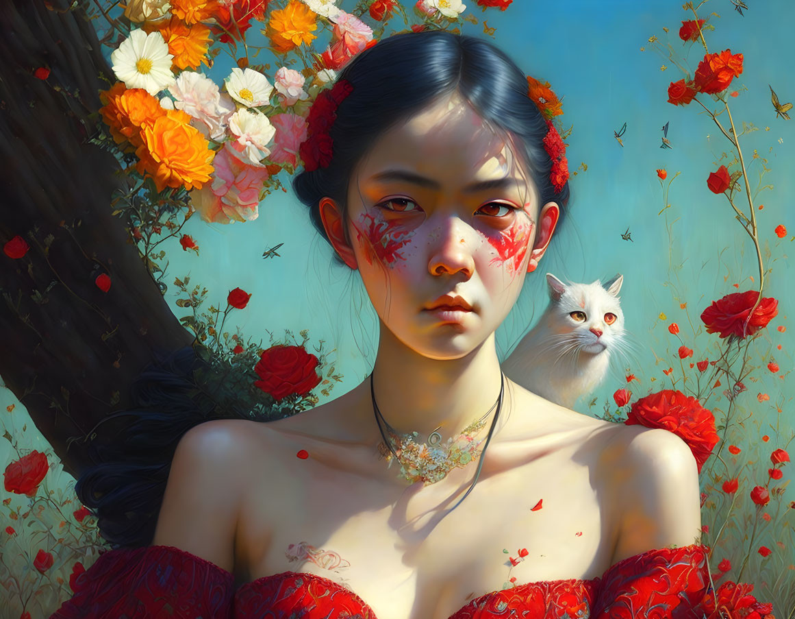 Vibrant digital painting of woman with face paint and white cat among flowers